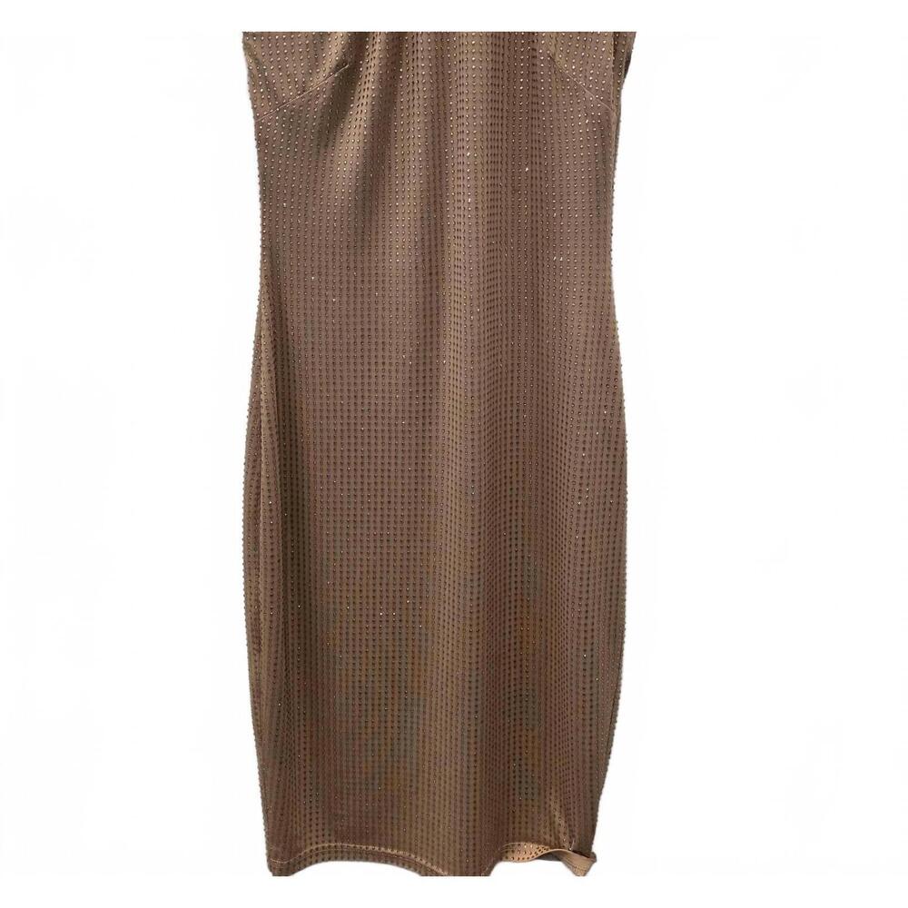 NEW SHERI BODELL women's mock neck one shoulder sequined midi dress in mocha